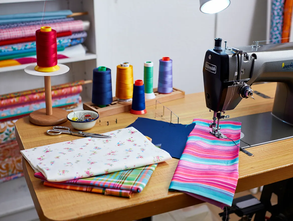 Professional sewing workspace with thread spools and fabrics