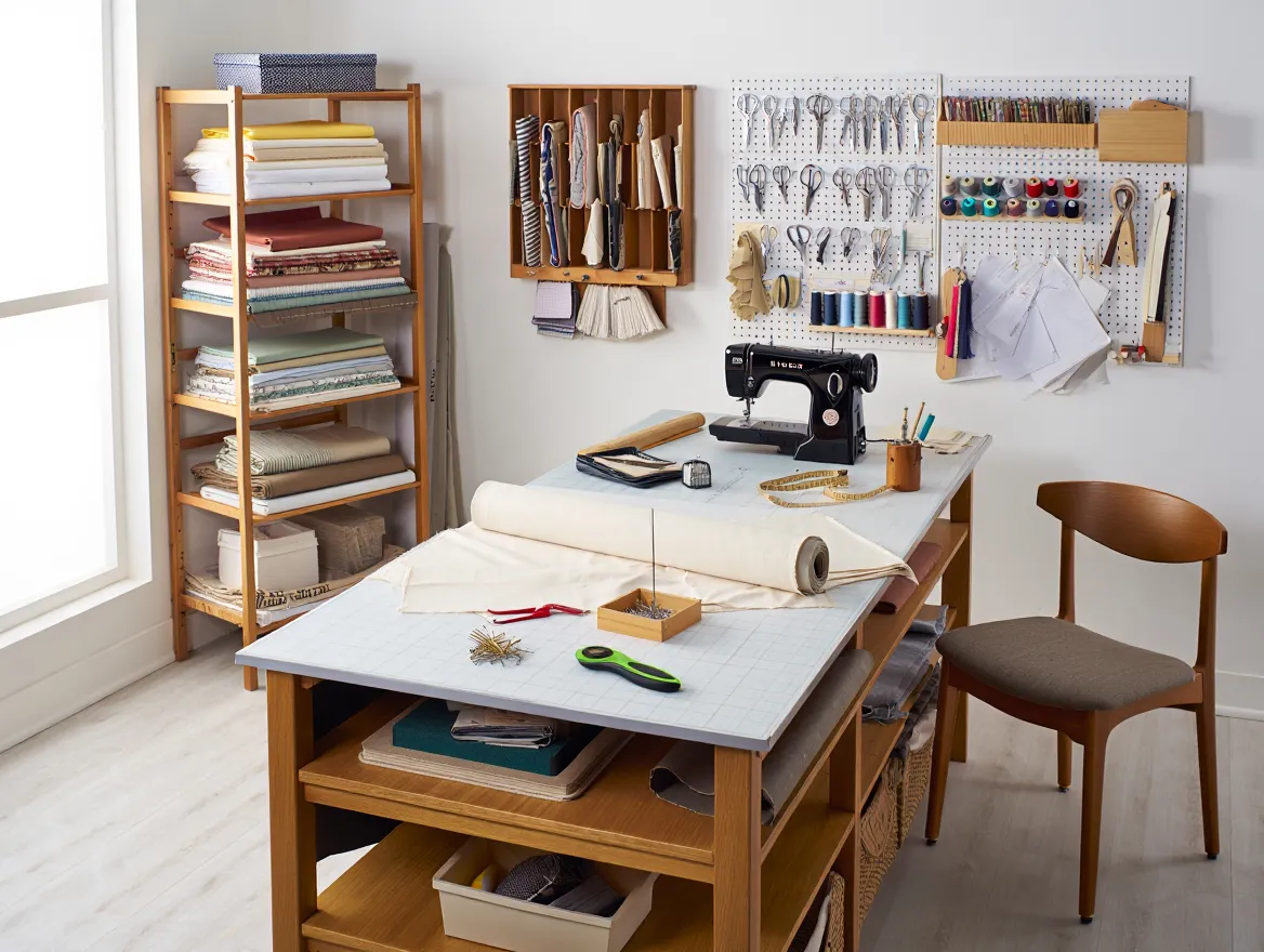 Sewing studio workspace for clothing repair and alterations
